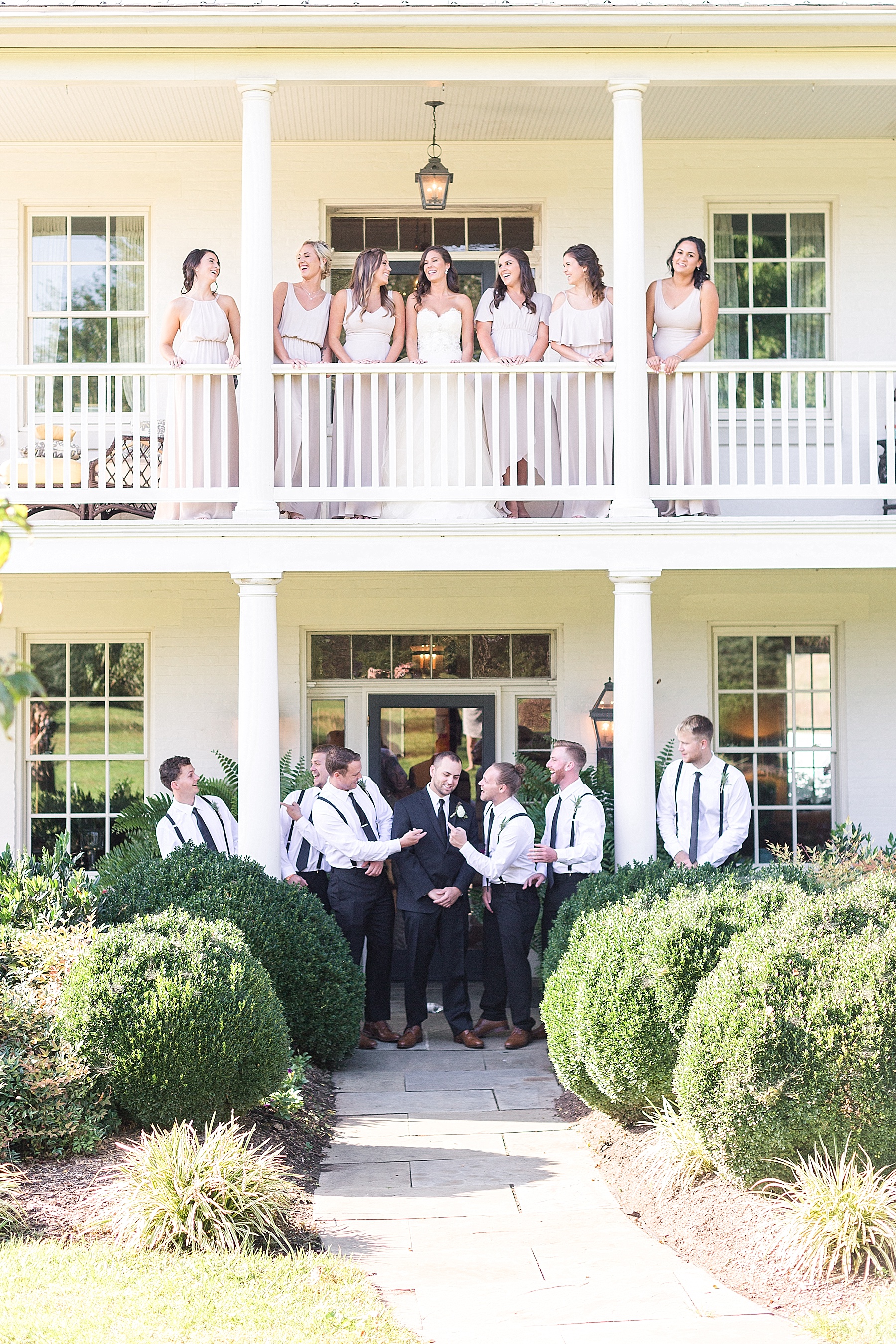 bride and groom with bridal party at Ijamsville MD wedding venue photographed by Alexandra Mandato Photography
