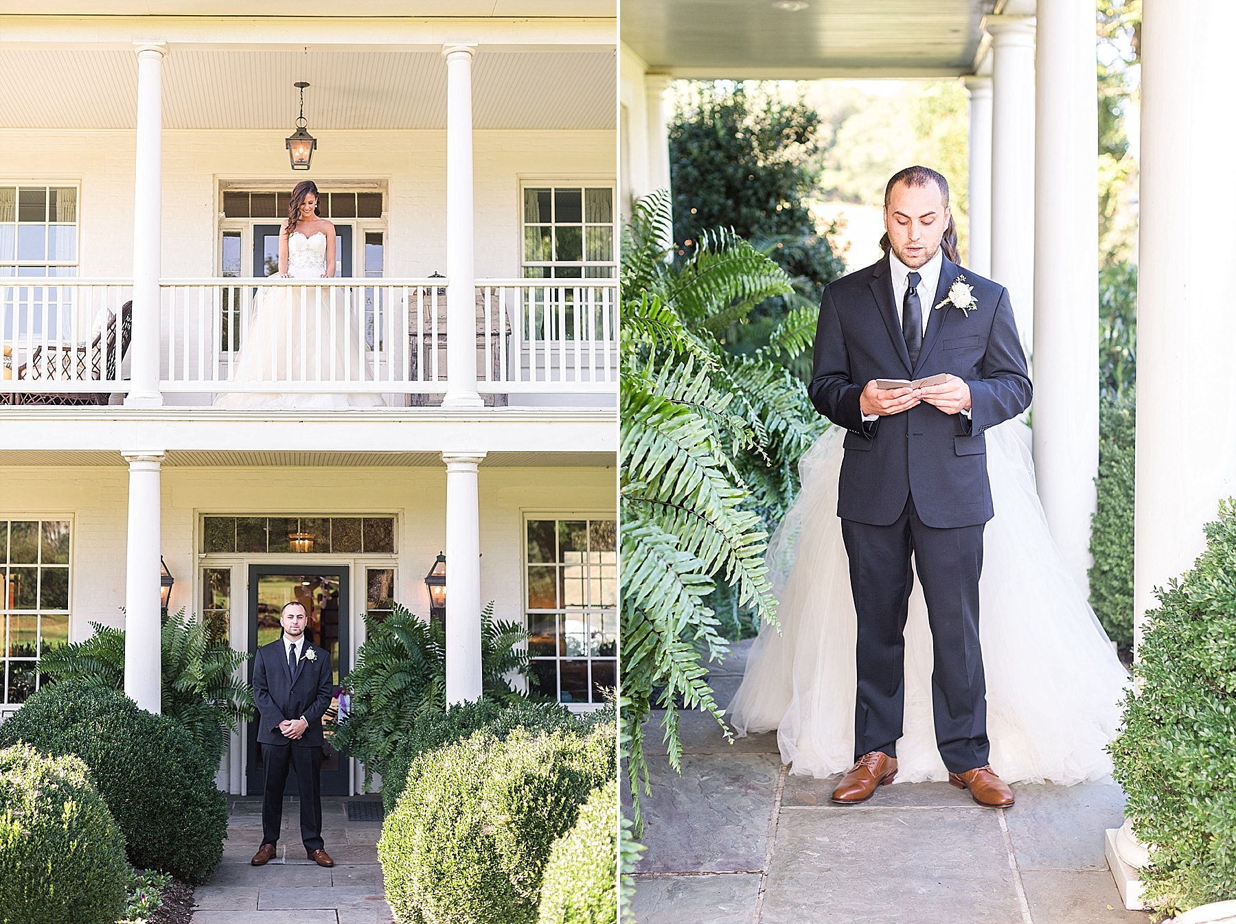 bride and groom prepare for first look at Glen Ellen Farm with Alexandra Mandato Photography