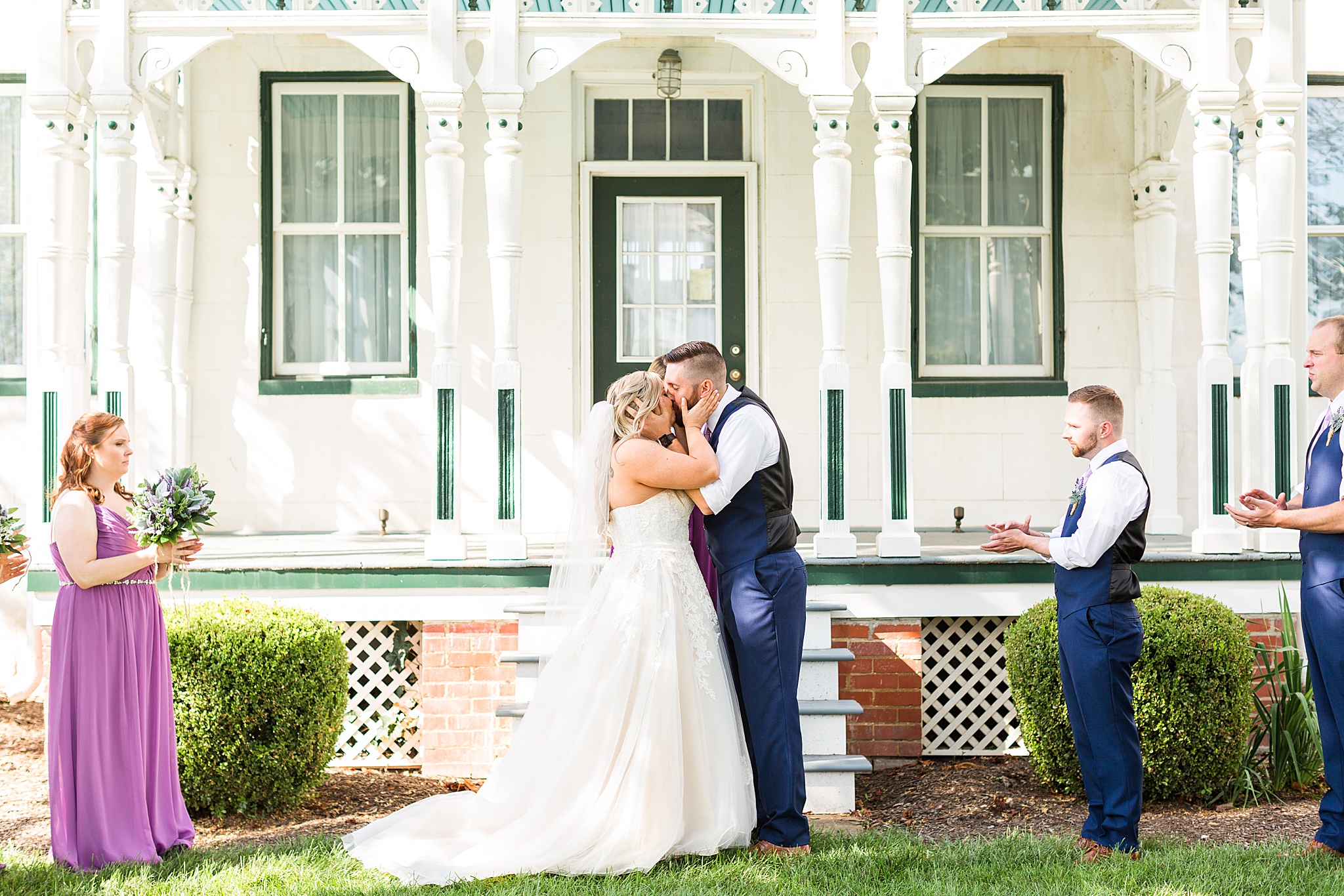 Green Meadows farm wedding ceremony first kiss photographed by Alexandra Mandato Photography