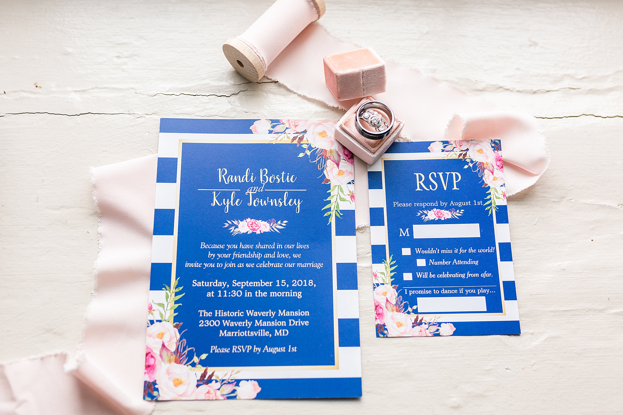 navy and blush wedding invitations photographed by Alexandra Mandato Photography