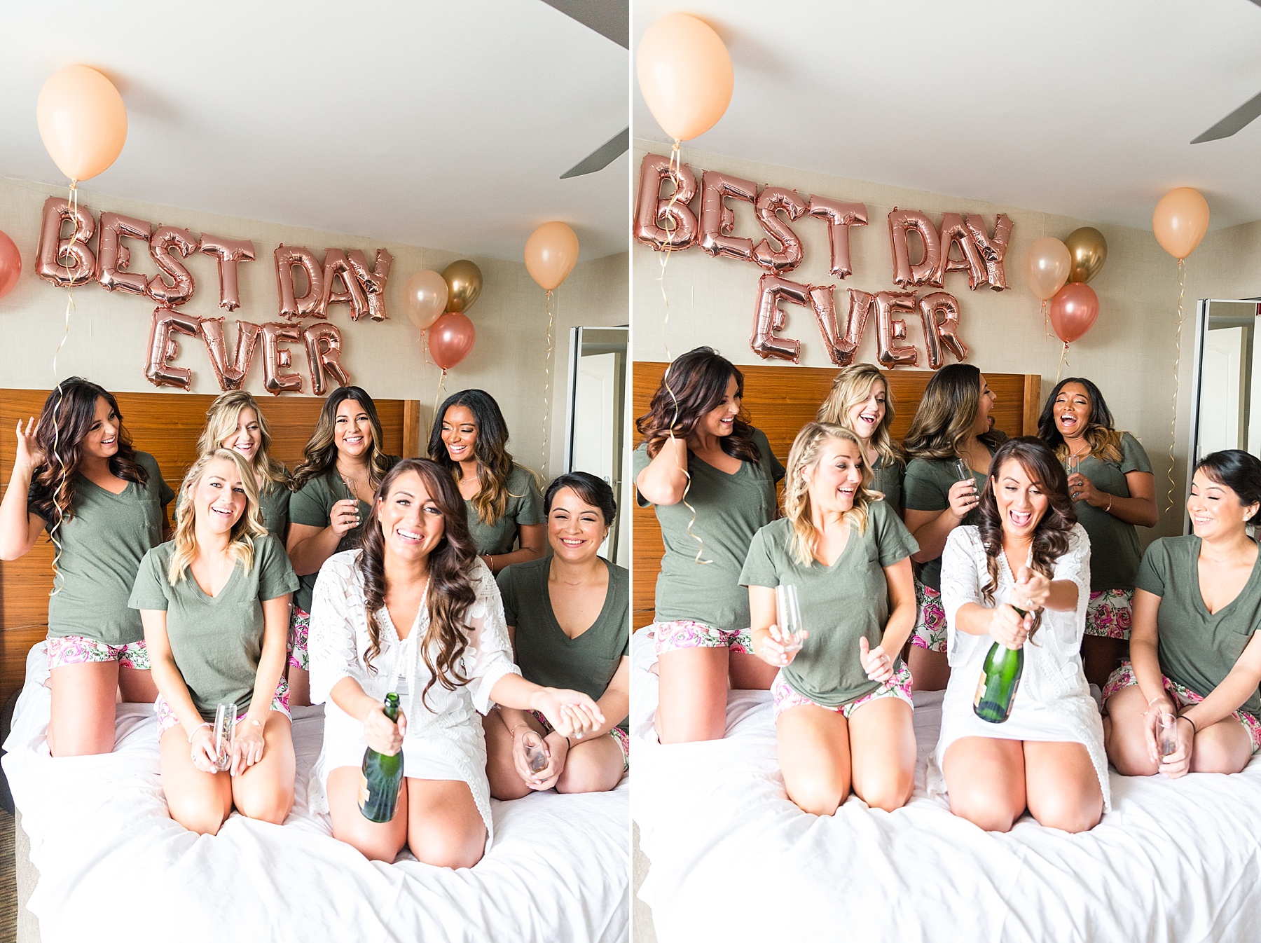 Alexandra Mandato Photography photographs bride and bridesmaids popping champagne