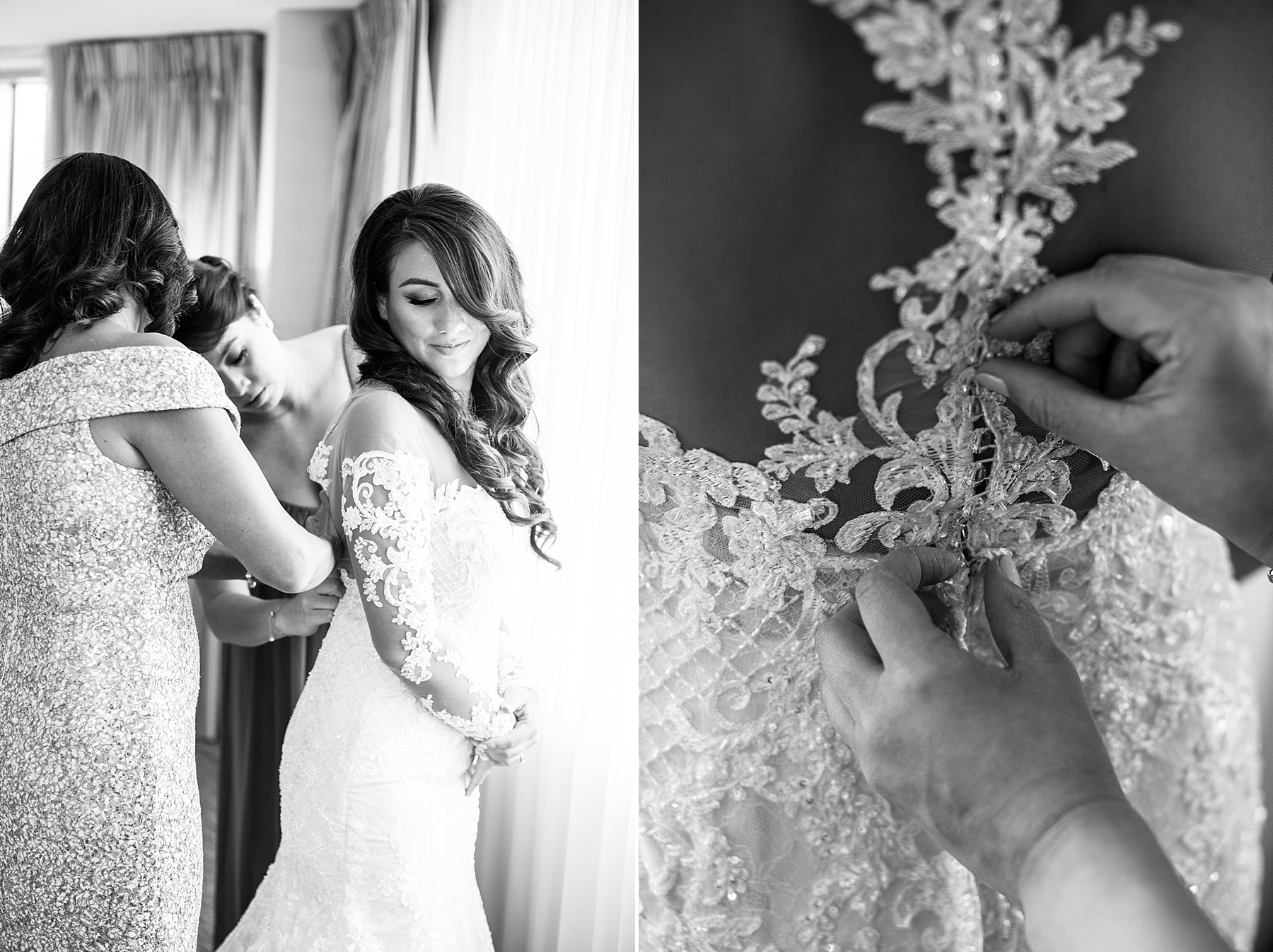 bride gets into lace wedding gown with Alexandra Mandato Photography