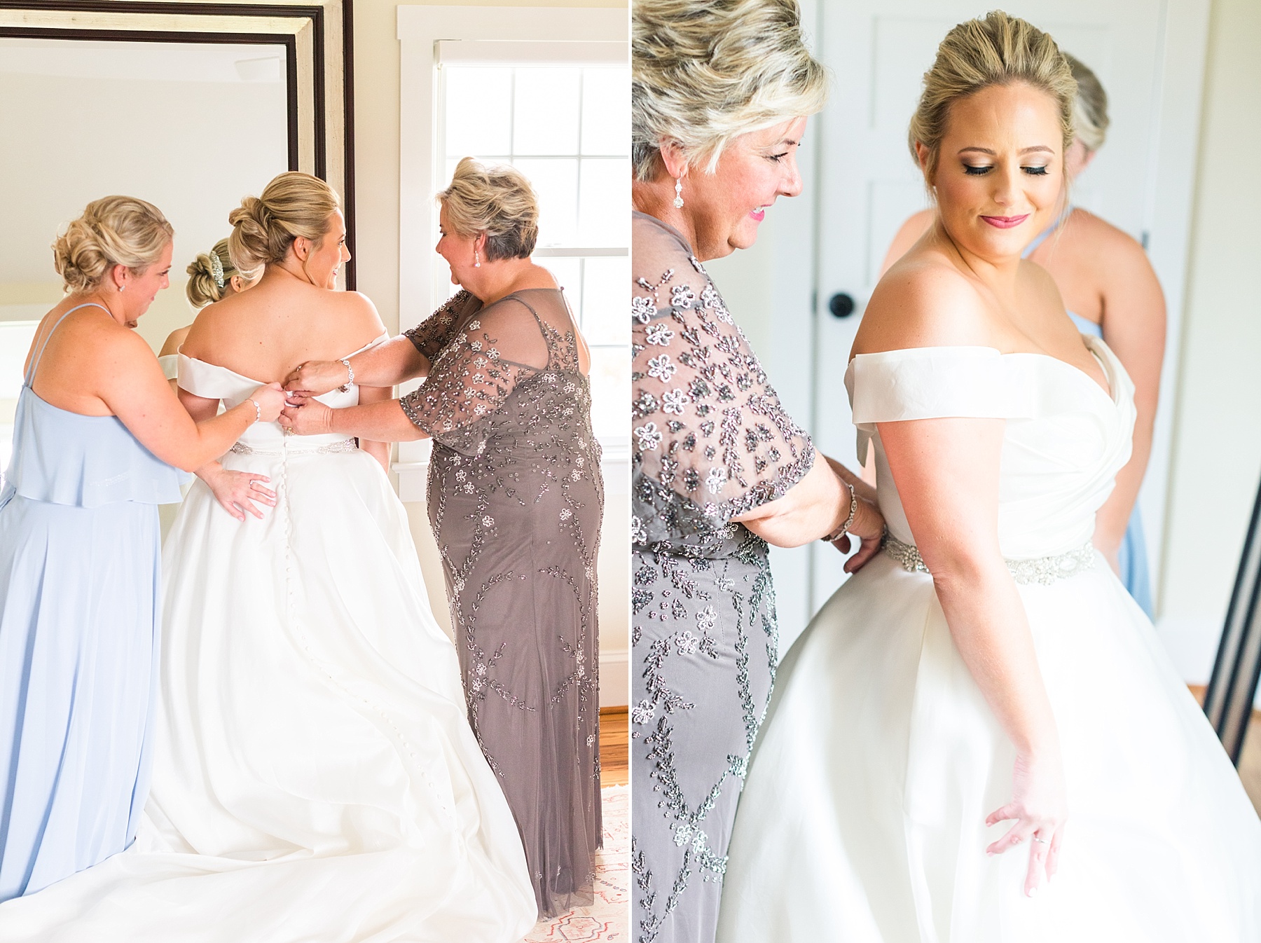 bride gets into wedding dress with mother photographed by  Alexandra Mandato Photography