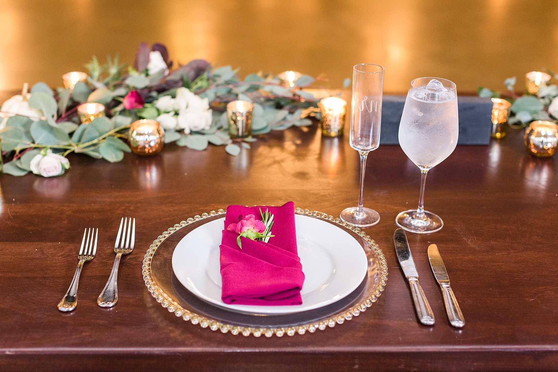 gold and burgundy place settings for fall wedding with  Alexandra Mandato Photography