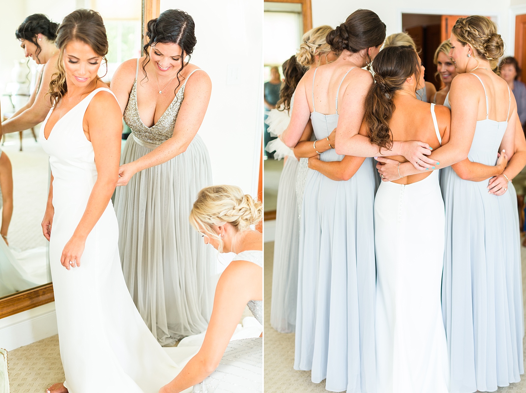 bridesmaids help bride into wedding dress with Alexandra Mandato Photography