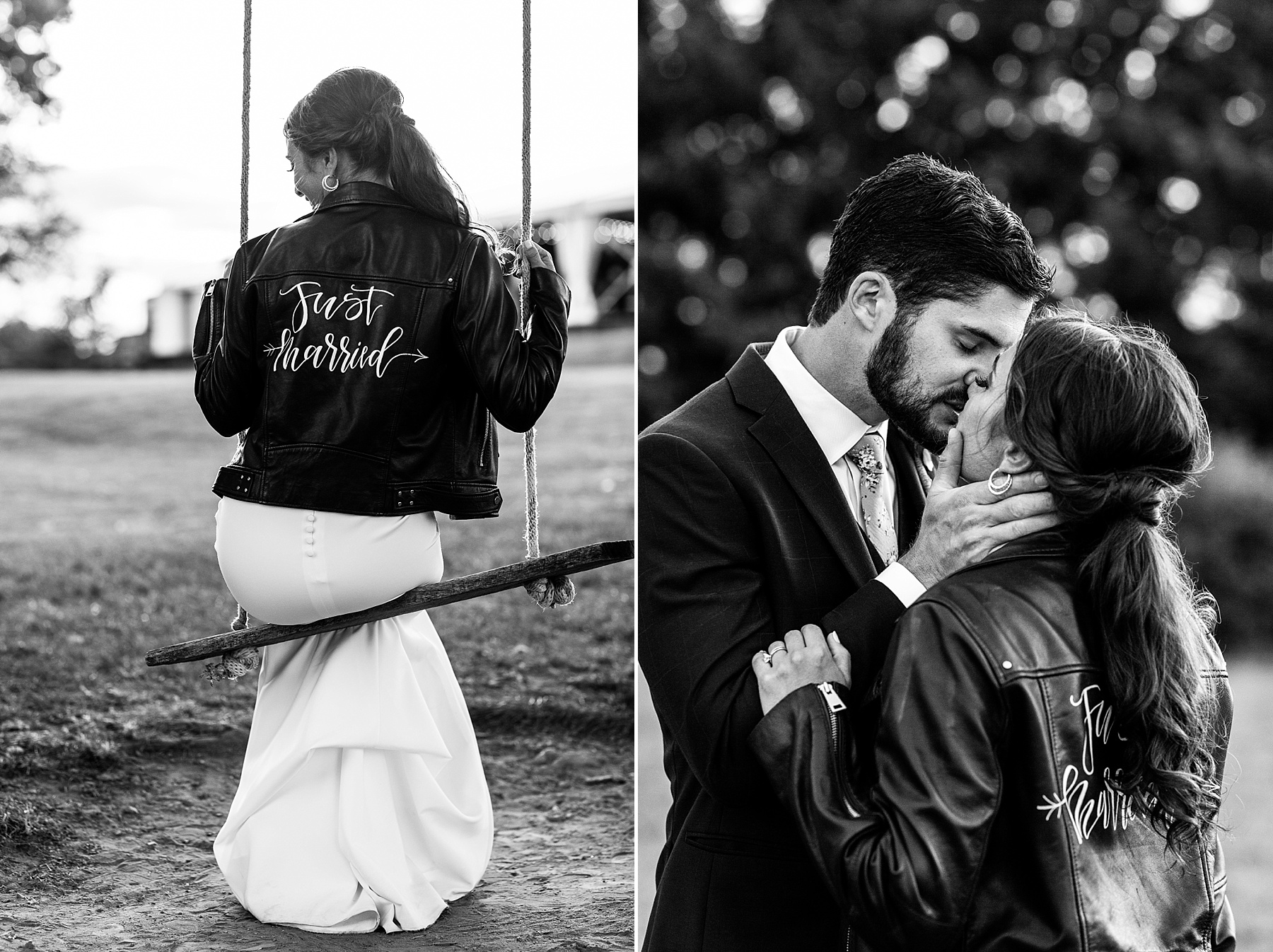 bride in leather jacket photographed by Alexandra Mandato Photography