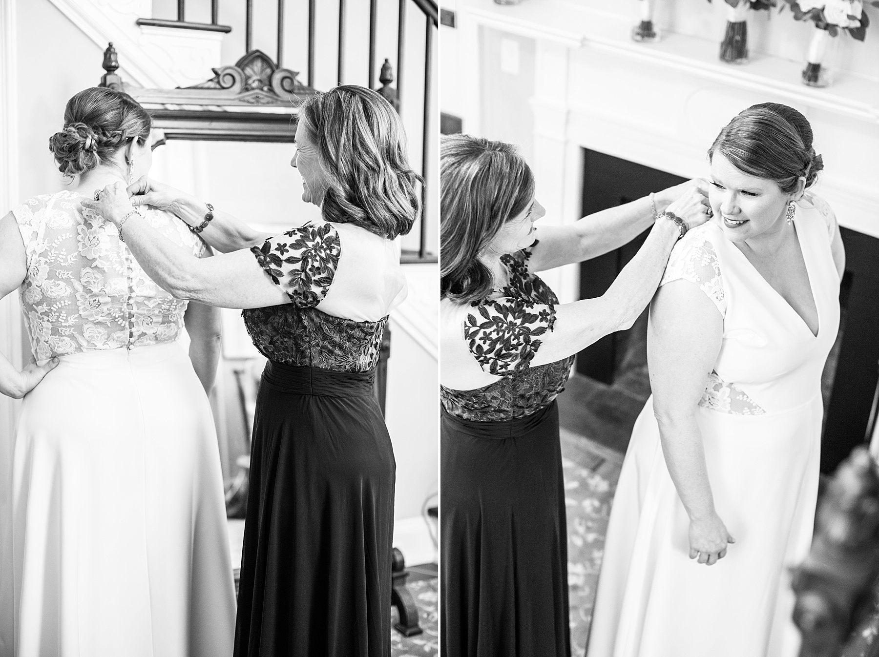 mother of bride helps bride get into wedding dress with  Alexandra Mandato Photography