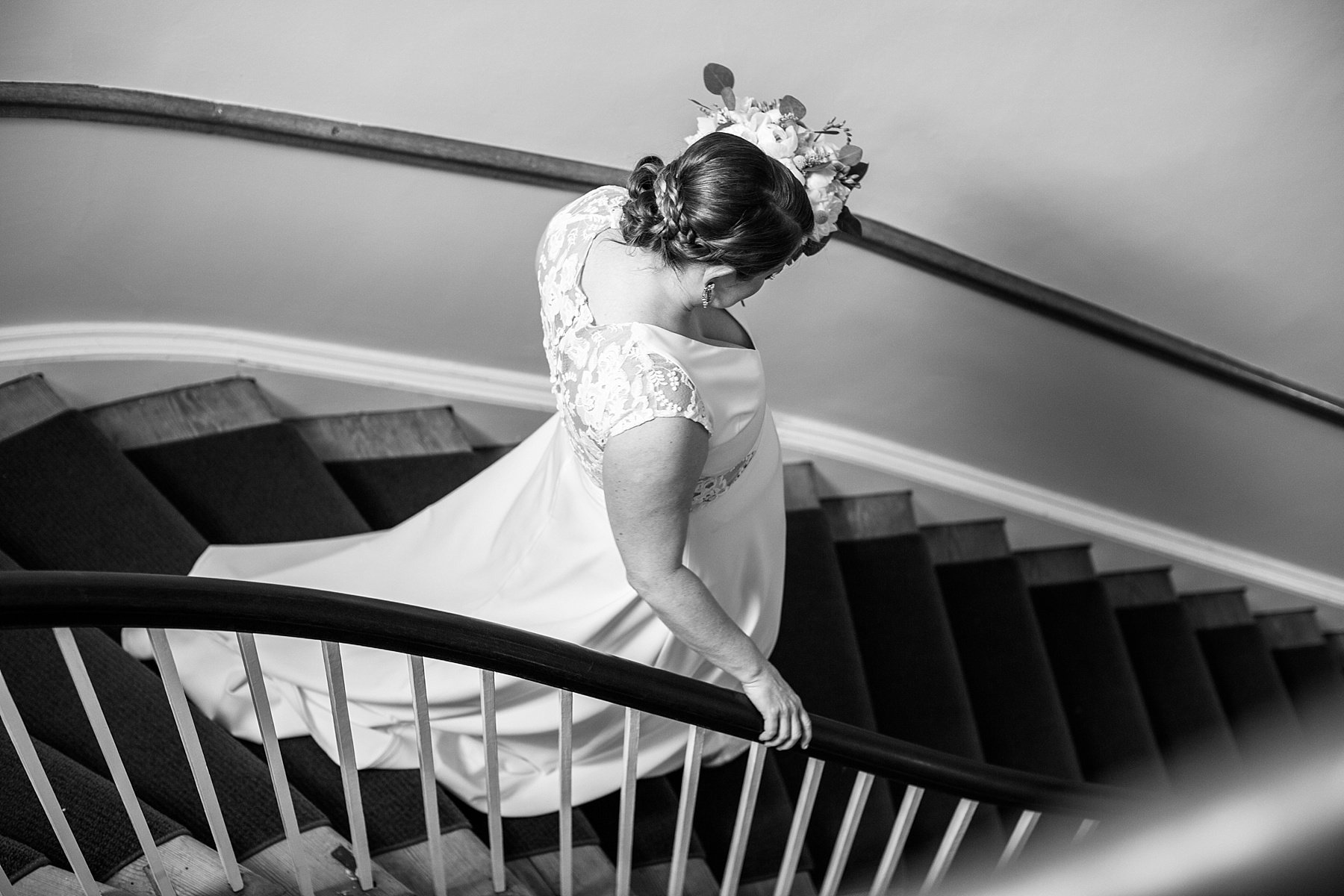 bridal portrait on staircase in Alexandria VA with  Alexandra Mandato Photography