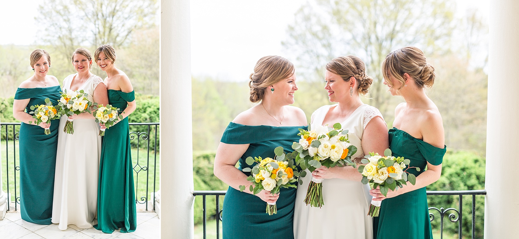 bridesmaids in emerald gowns photographed by  Alexandra Mandato Photography