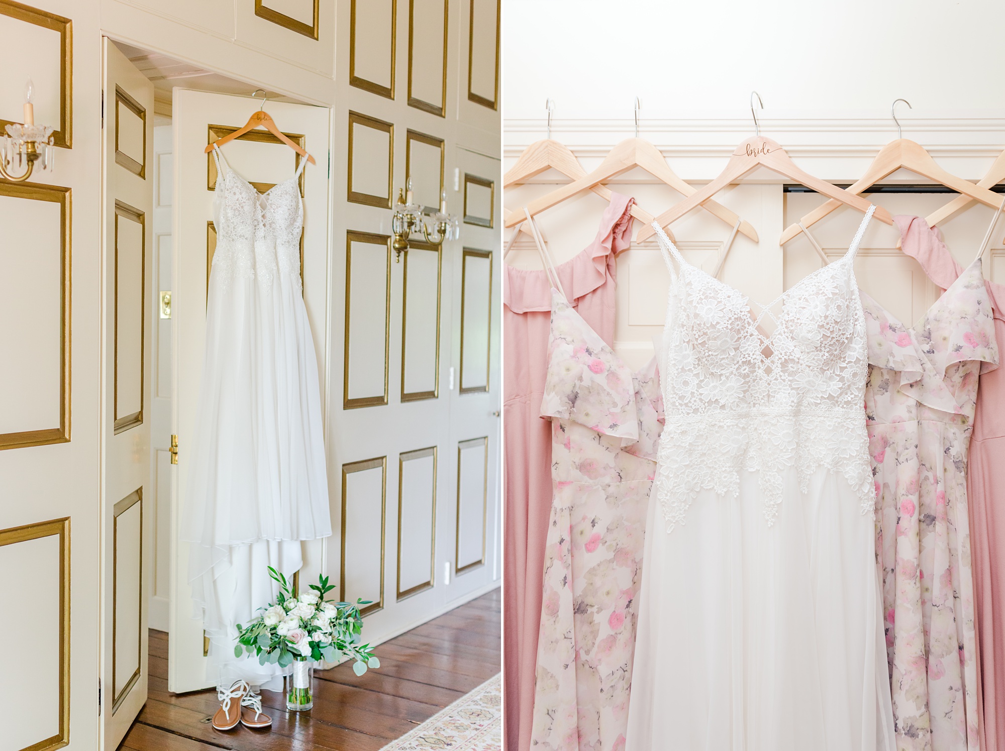 bride's dress and blush bridesmaid dress hang at Drumore Estate