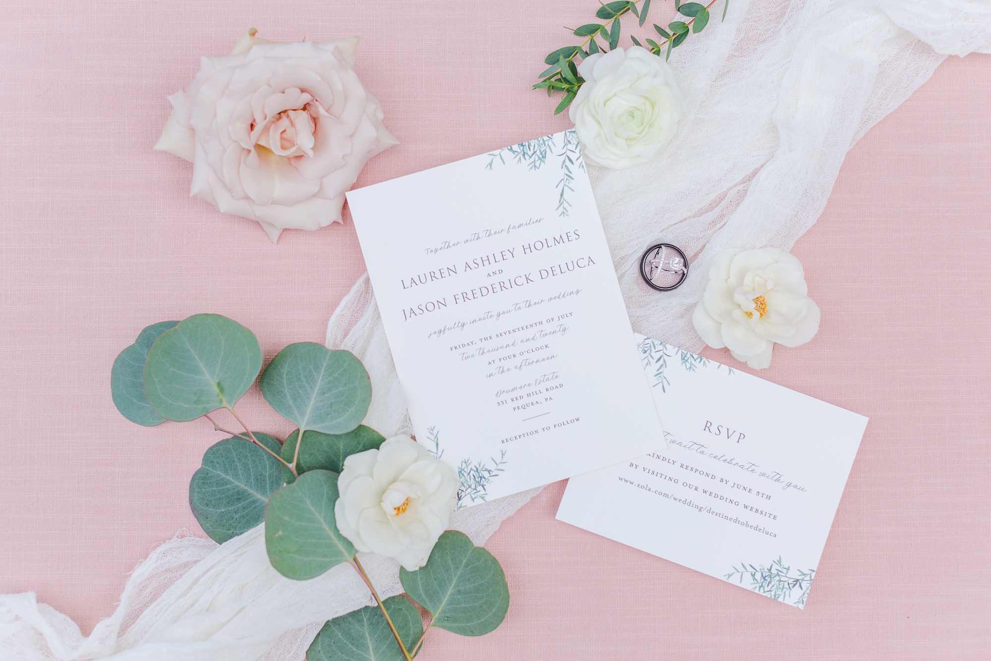 summer wedding invitation suite on pale pink backdrop