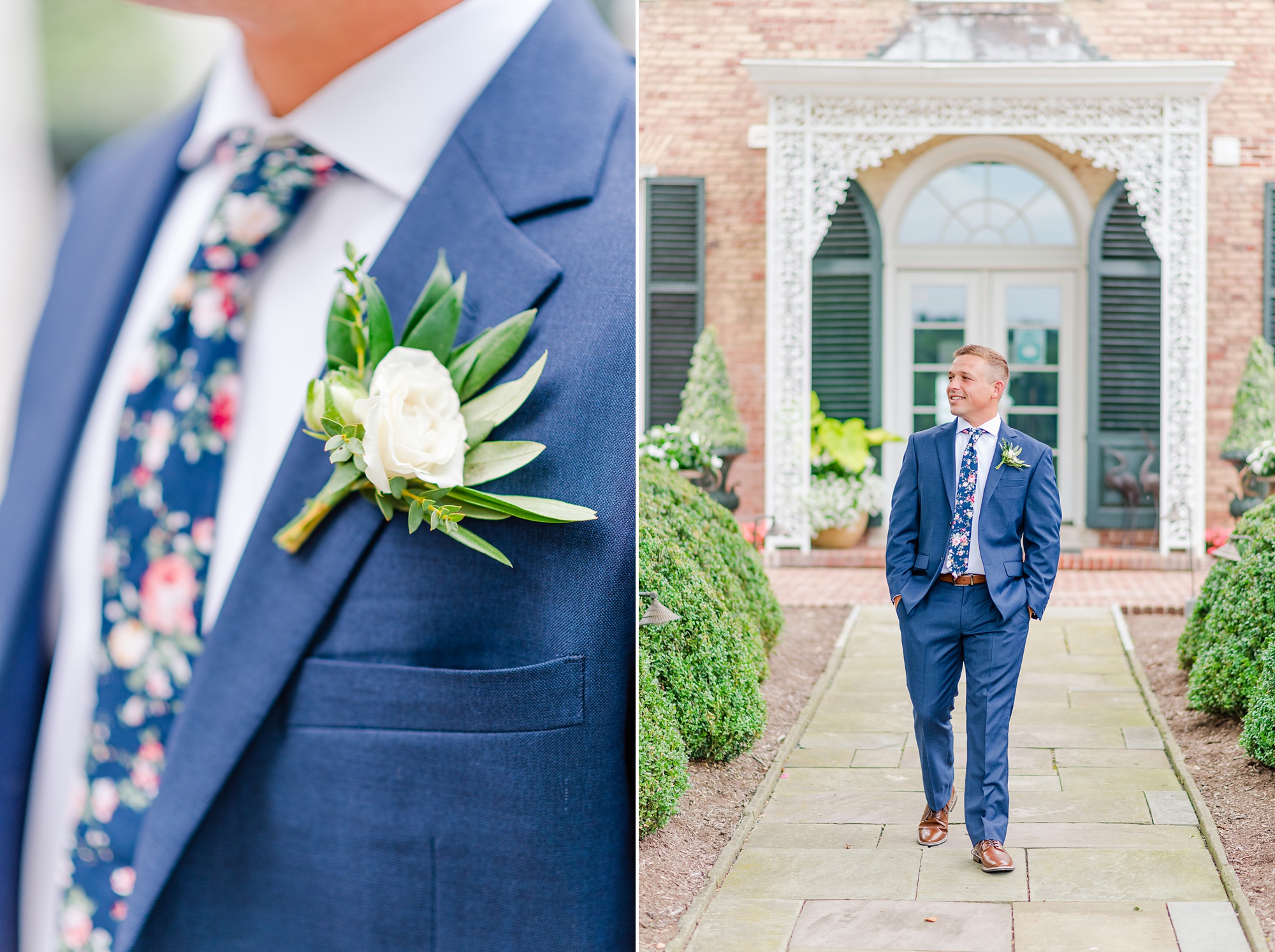 groom in navy suit with ivory boutonniere 