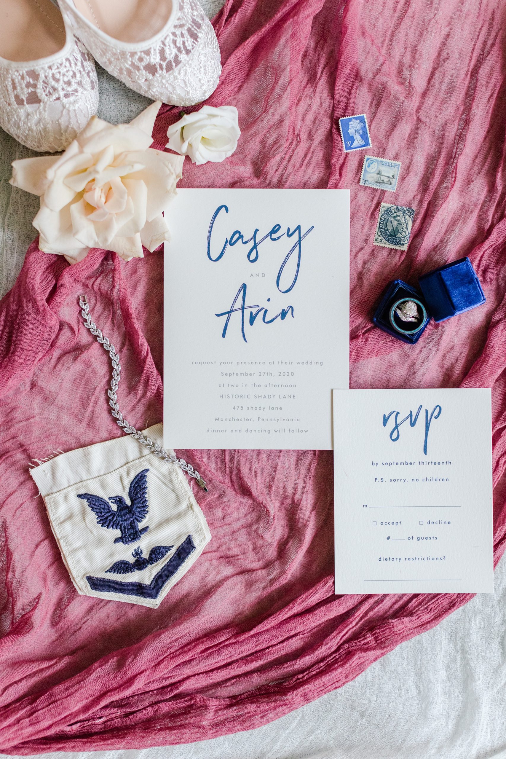 fall wedding invitation suite with pink and navy blue details 
