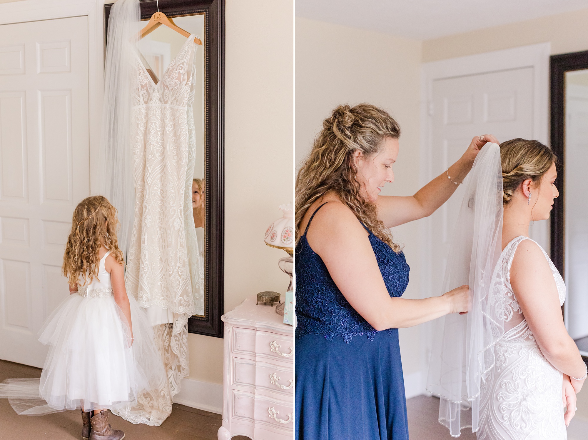 daughter looks at mother's wedding gown before Historic Shady Lane wedding