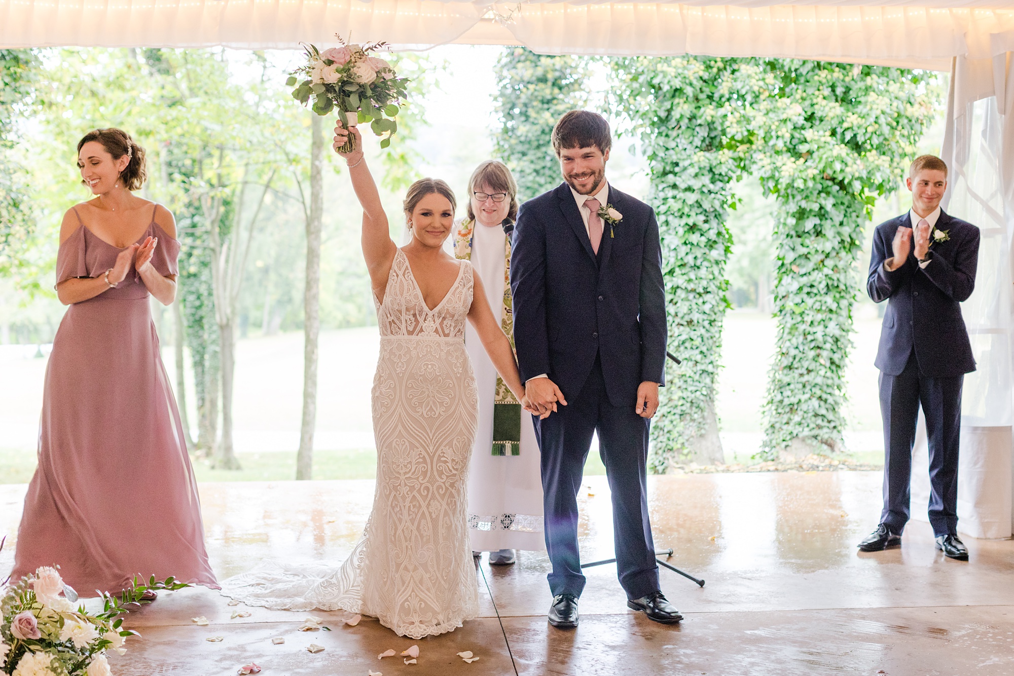 bride cheers during PA wedding ceremony 