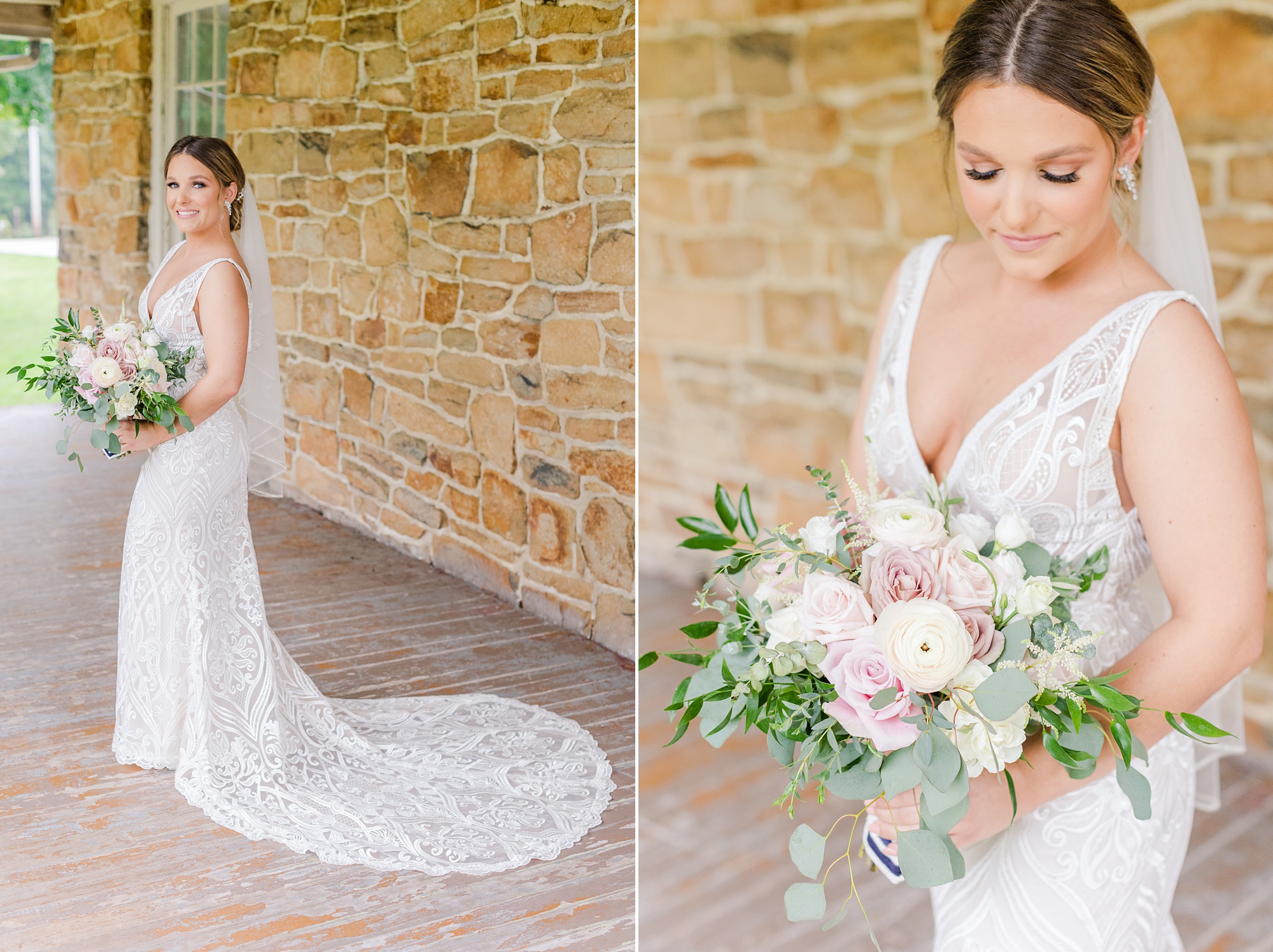 bridal portrait of bride in lace gown by bricks at Historic Shady Lane