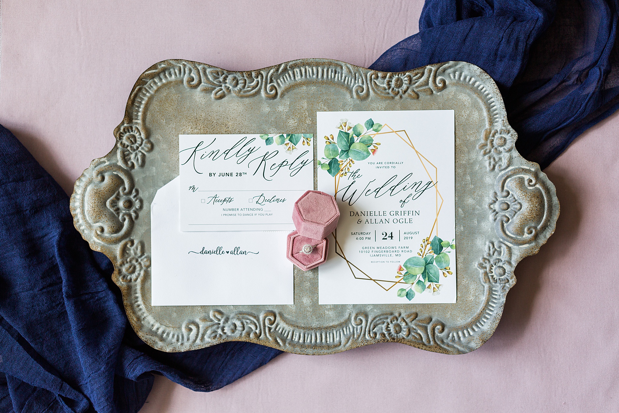 Green Meadows Farm wedding invitations photographed by Alexandra Mandato Photography