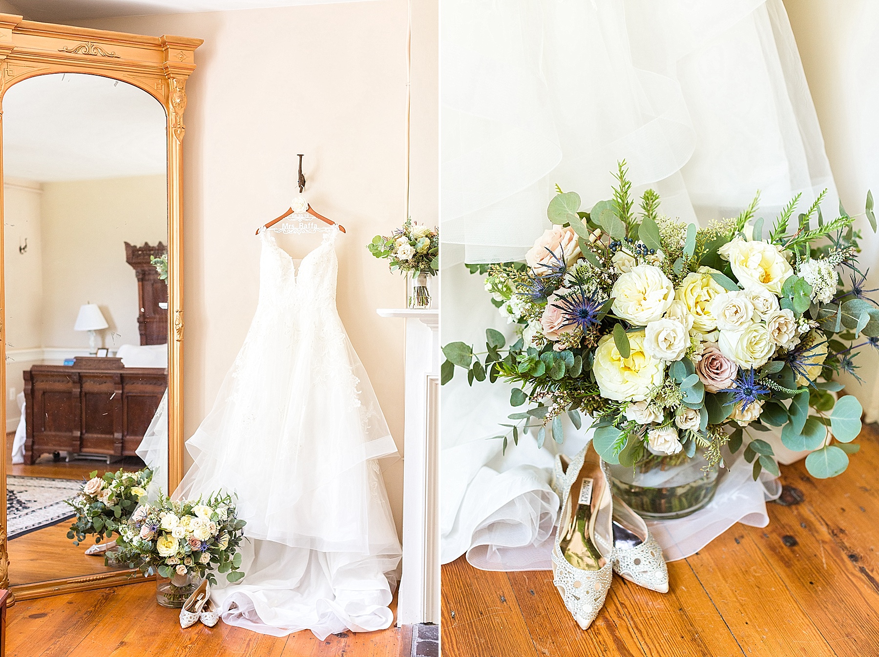 wedding gown with summer wedding bouquet photographed by Alexandra Mandato Photography