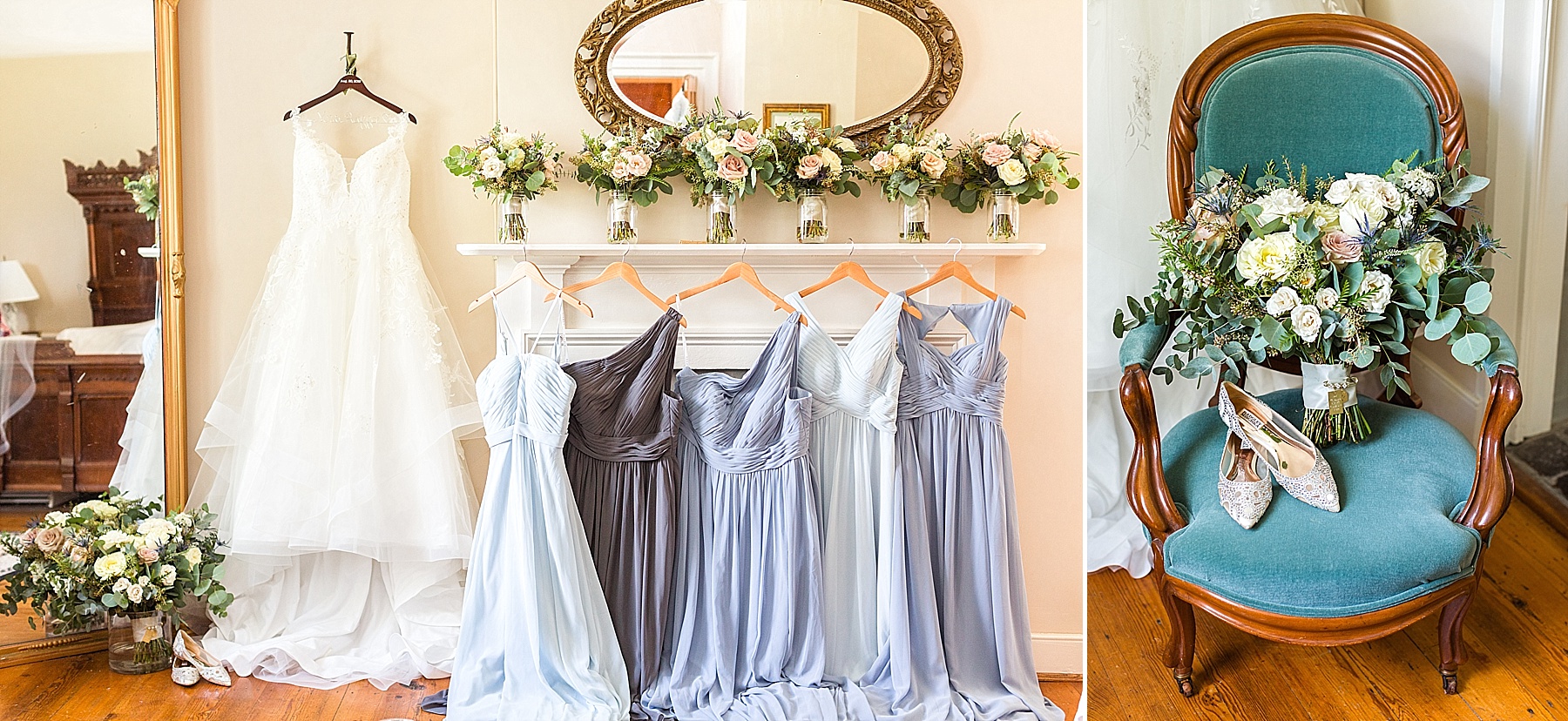 bridesmaid gowns in shades of blue photographed by Alexandra Mandato Photography