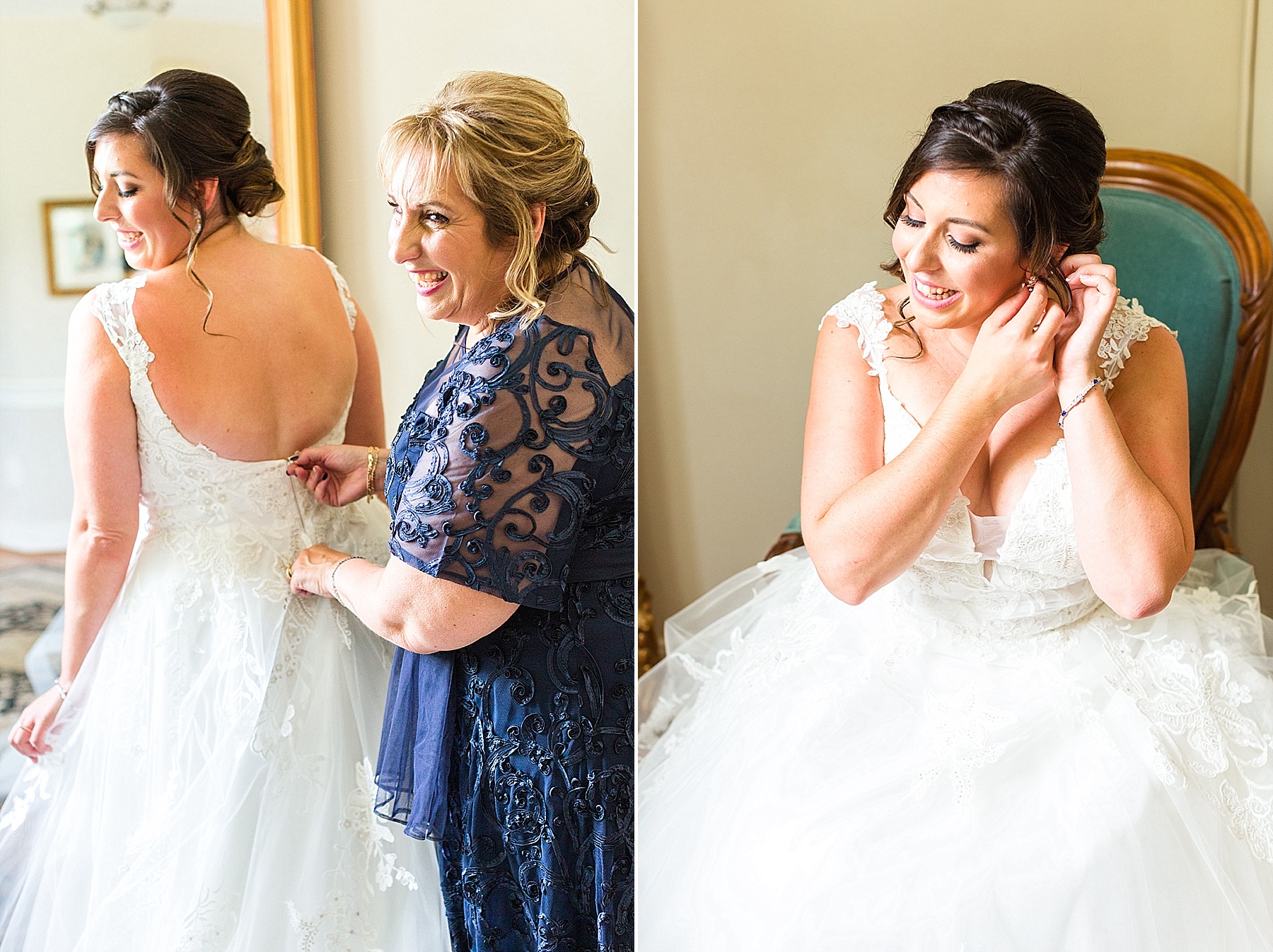 bride gets into wedding dress with mother photographed by Alexandra Mandato Photography