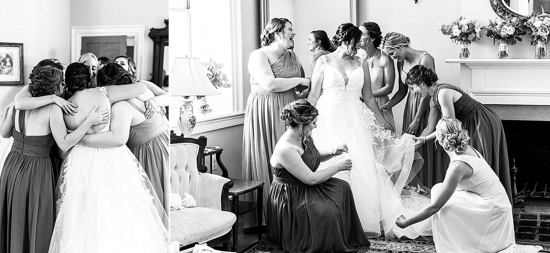 bridesmaids help bride with veil photographed by Alexandra Mandato Photography