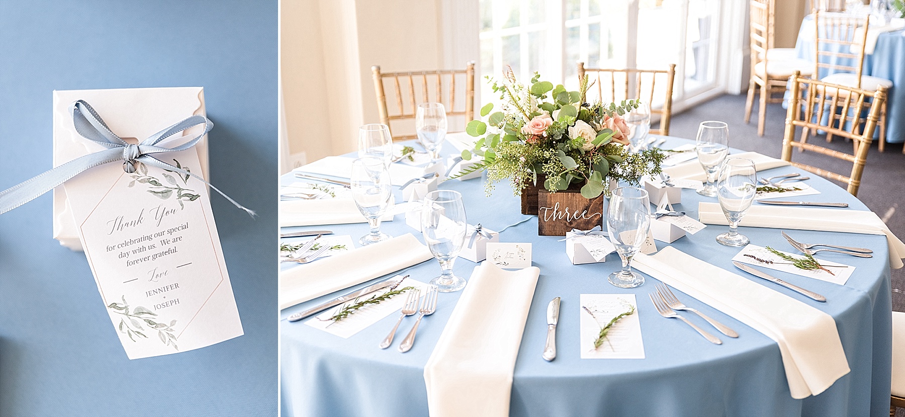 blue and ivory place settings for reception with Alexandra Mandato Photography