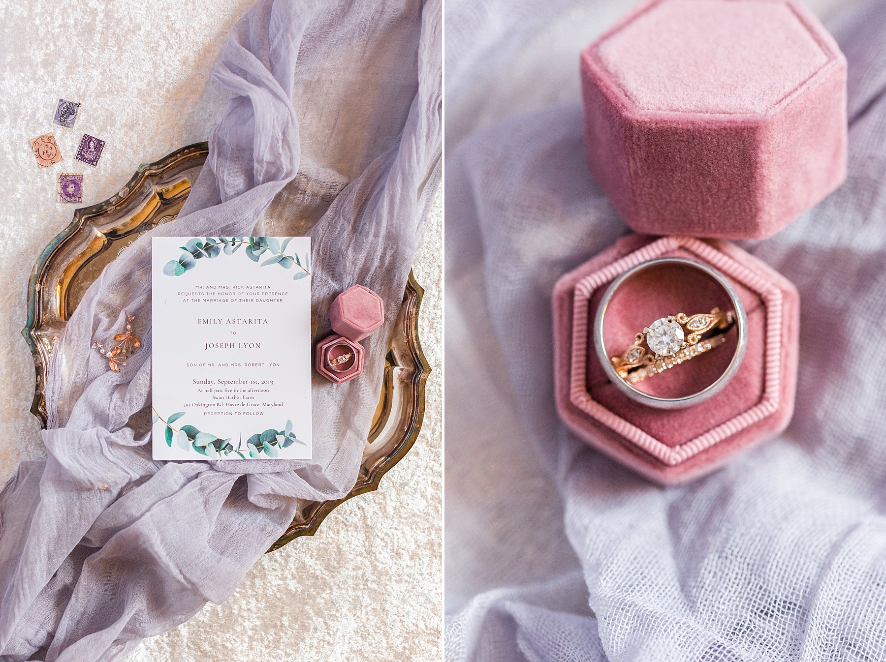wedding ring and invitation for Swan Harbor wedding day with Alexandra Mandato Photography