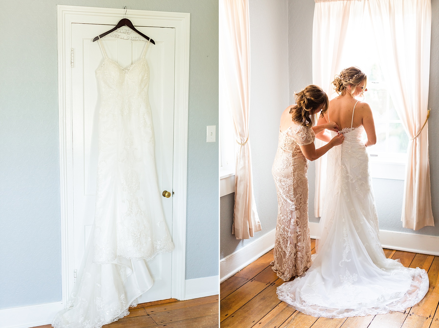 bride gets into wedding dress photographed by Alexandra Mandato Photography
