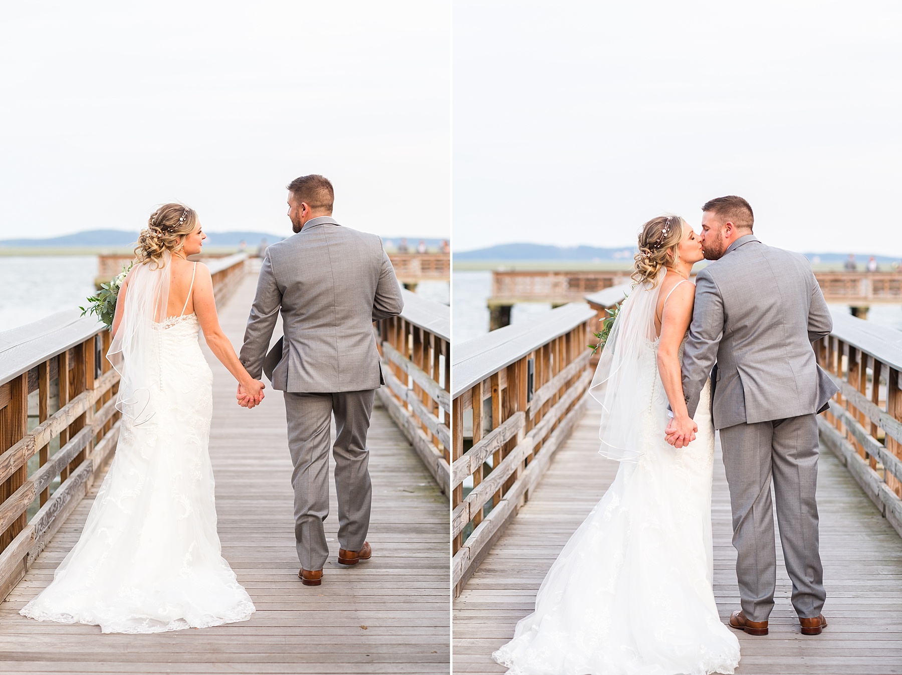 bride and groom on pier with Alexandra Mandato Photography
