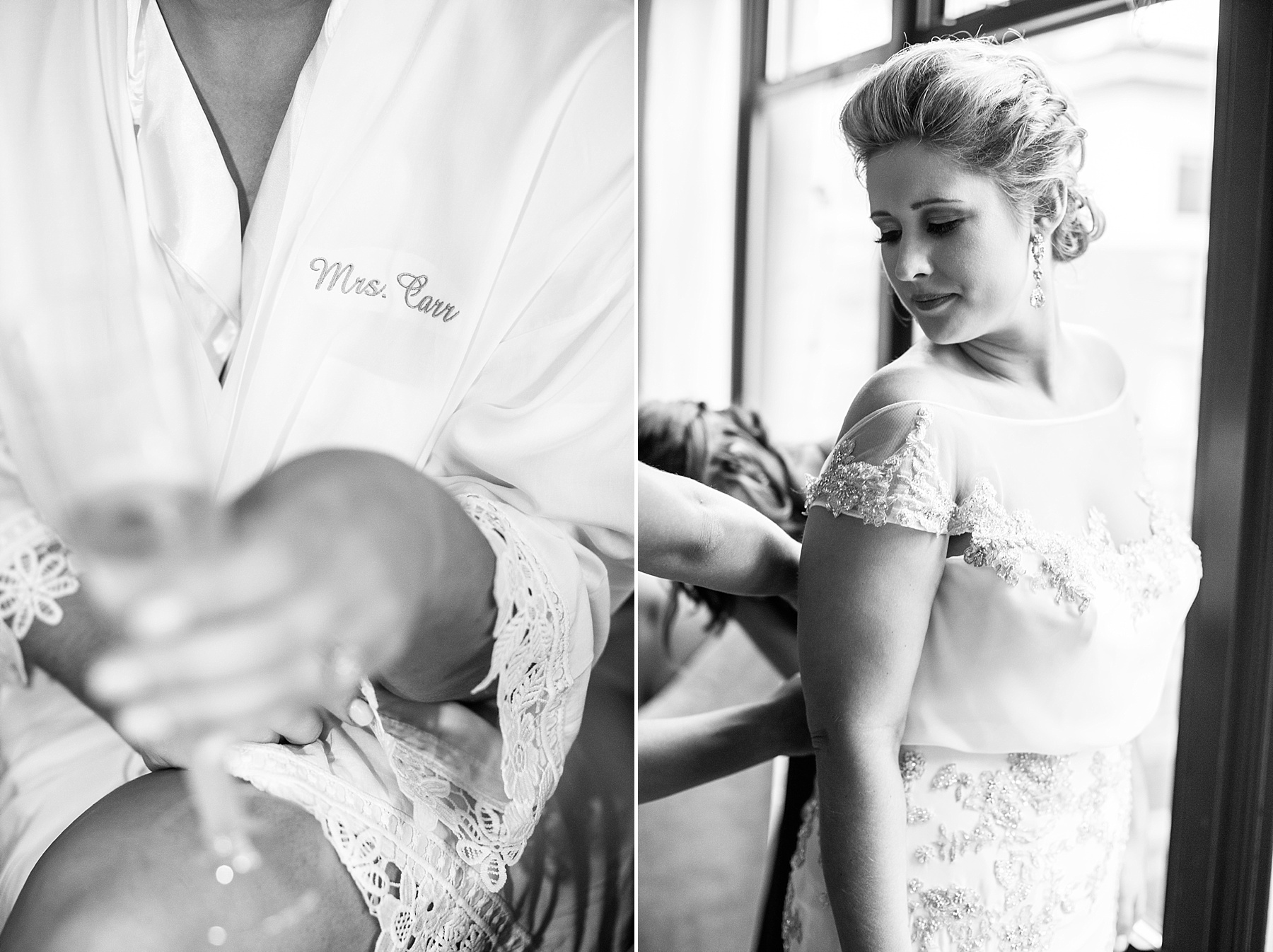 bride gets into wedding dress with Alexandra Mandato Photography
