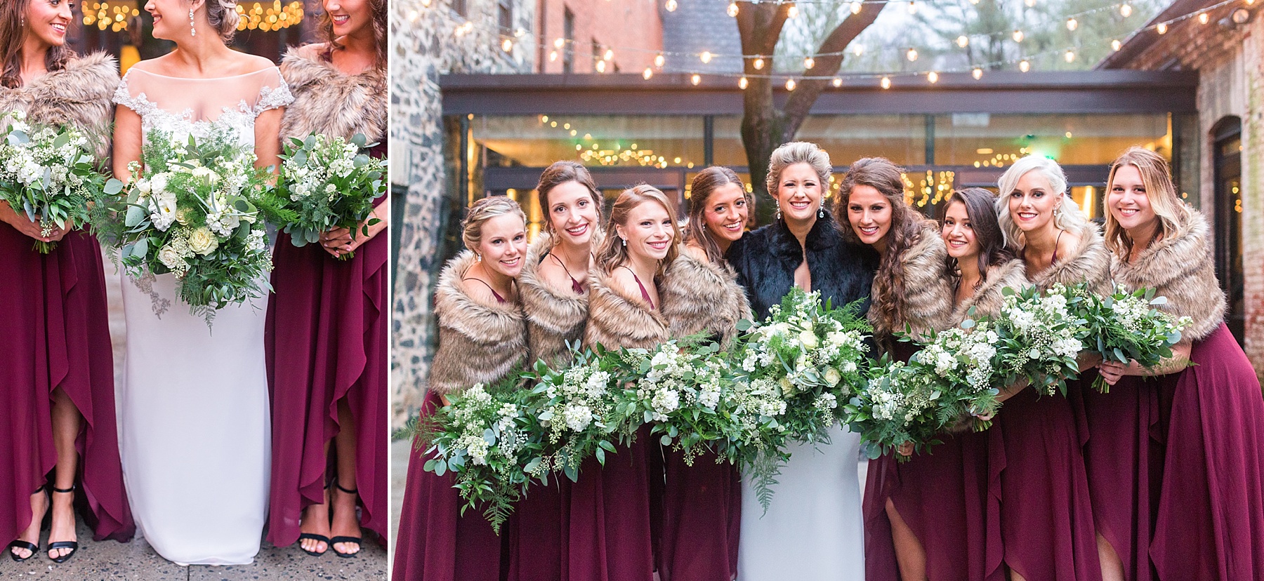 bridesmaids in burgundy with fur photographed by Alexandra Mandato Photography