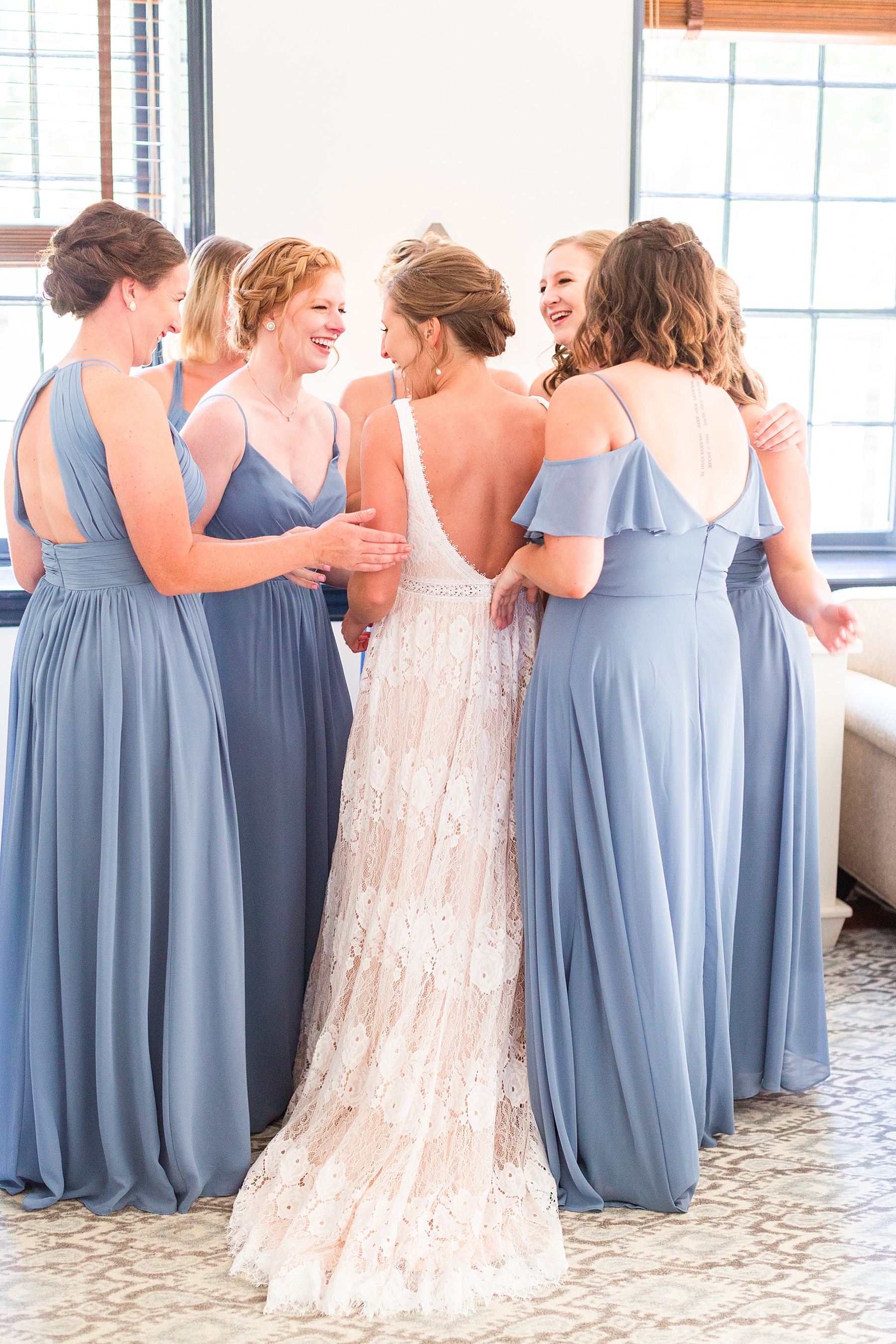 bridesmaids pray over bride on wedding day with Farm at Eagles Ridge Wedding photographed by PA wedding photographer Alexandra Mandato Photography