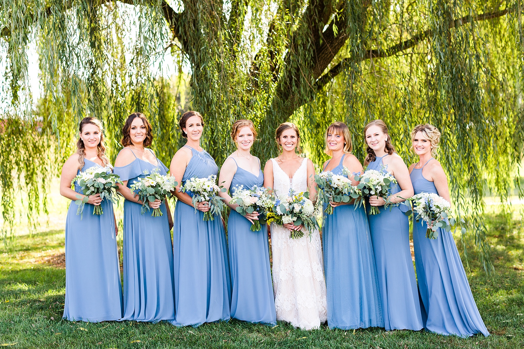 bridesmaids in blue gowns with Farm at Eagles Ridge Wedding photographed by PA wedding photographer Alexandra Mandato Photography
