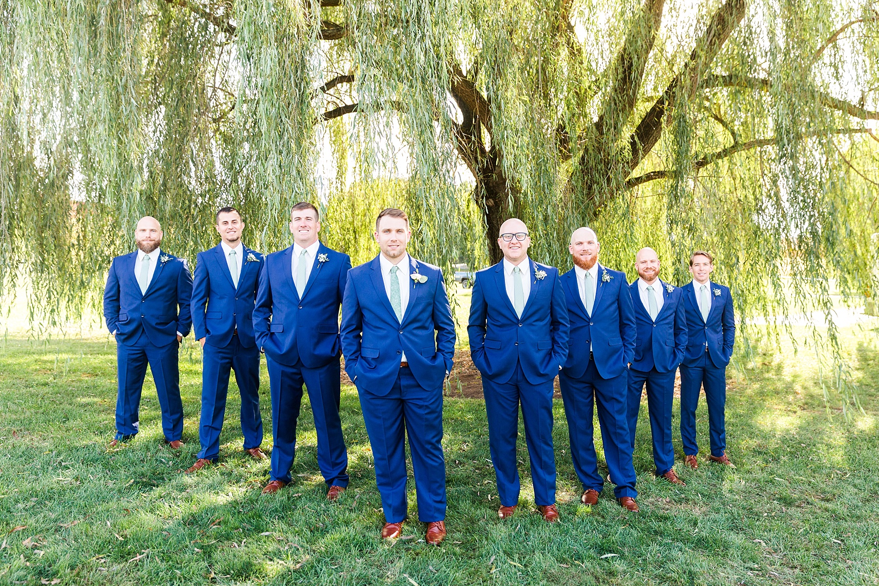 groomsmen in blue suits photographed by Farm at Eagles Ridge Wedding photographed by PA wedding photographer Alexandra Mandato Photography