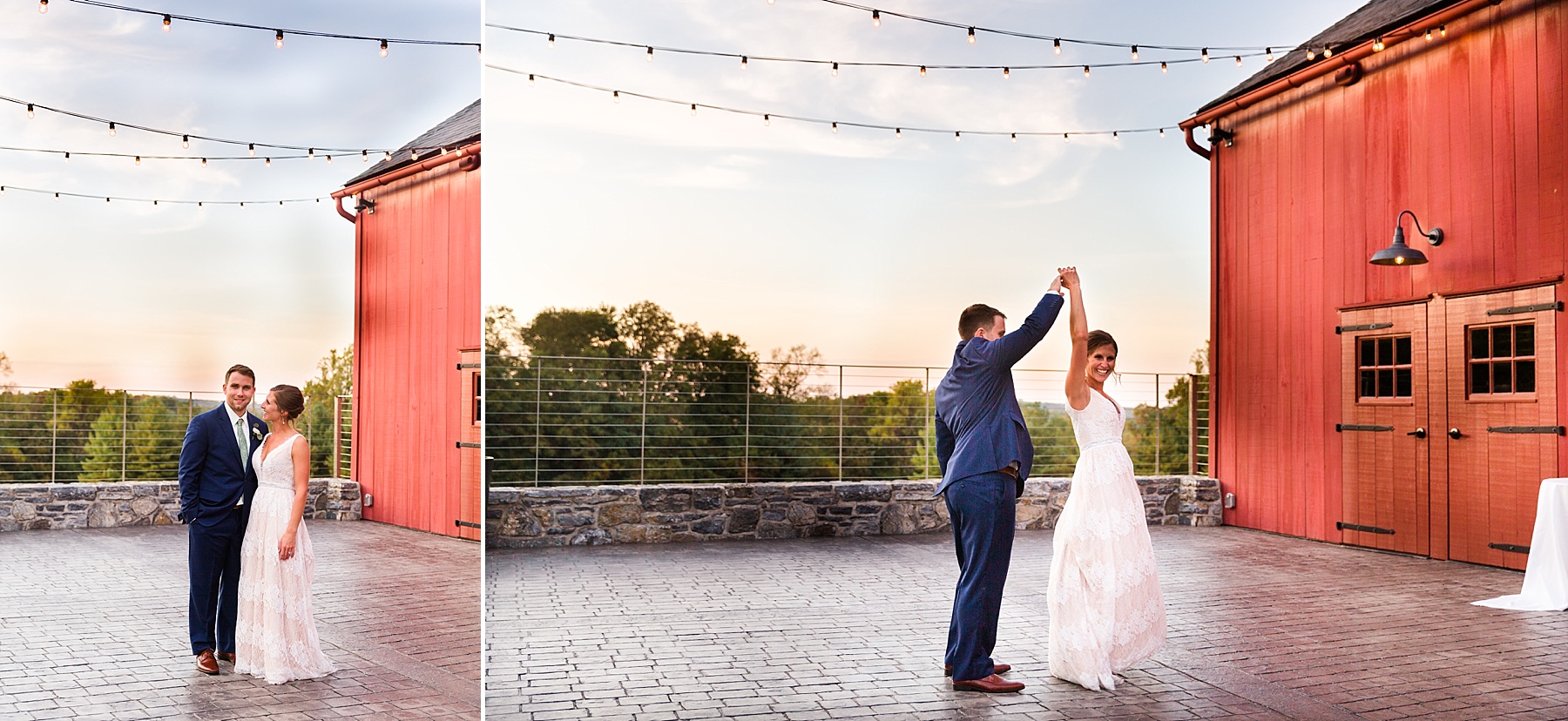 bride and groom dance on patio with Farm at Eagles Ridge Wedding photographed by PA wedding photographer Alexandra Mandato Photography
