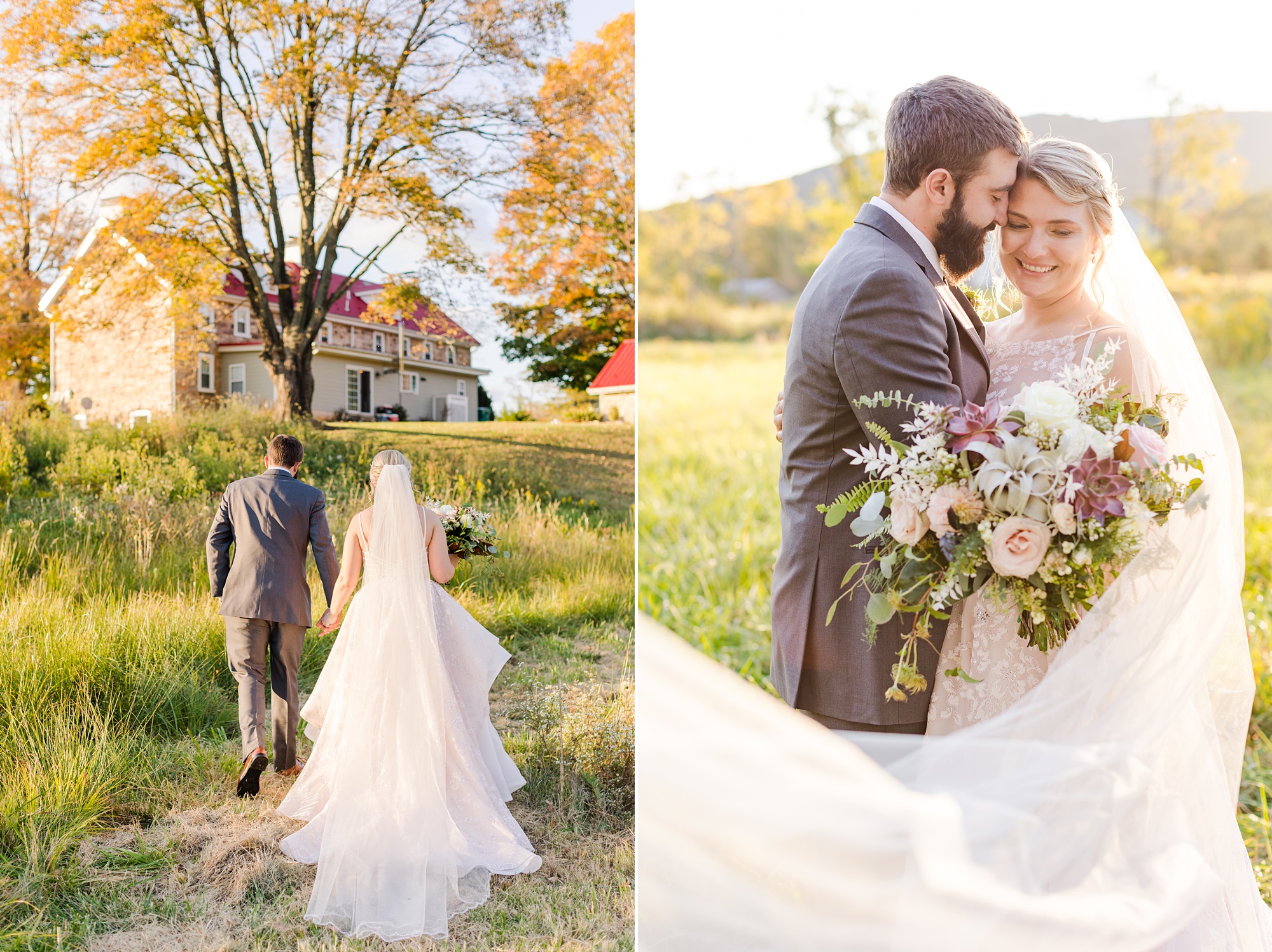 bride and groom walk through field at Iron Works House