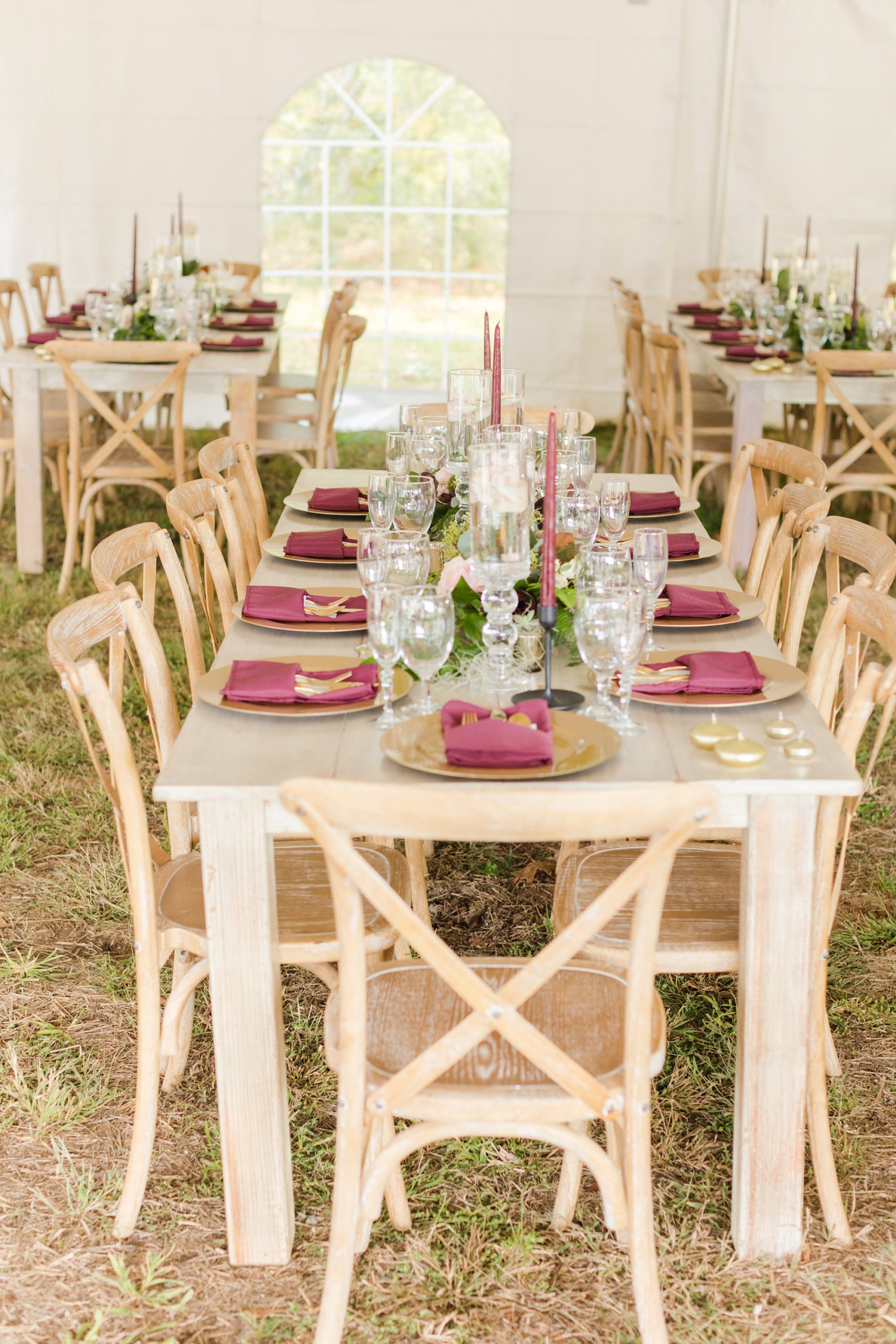 rustic place settings for tented reception at Iron Works House